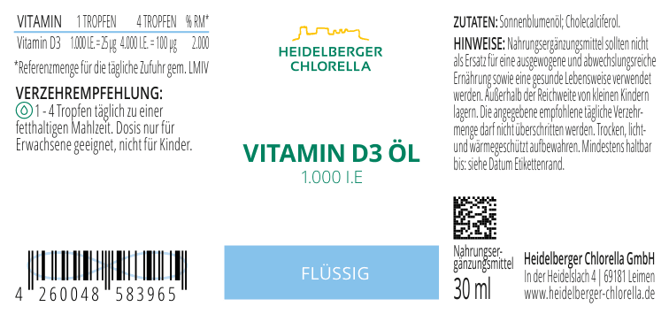 Vitamin D3 1.000 I.E. Öl -Heidelberger Chlorella GmbH