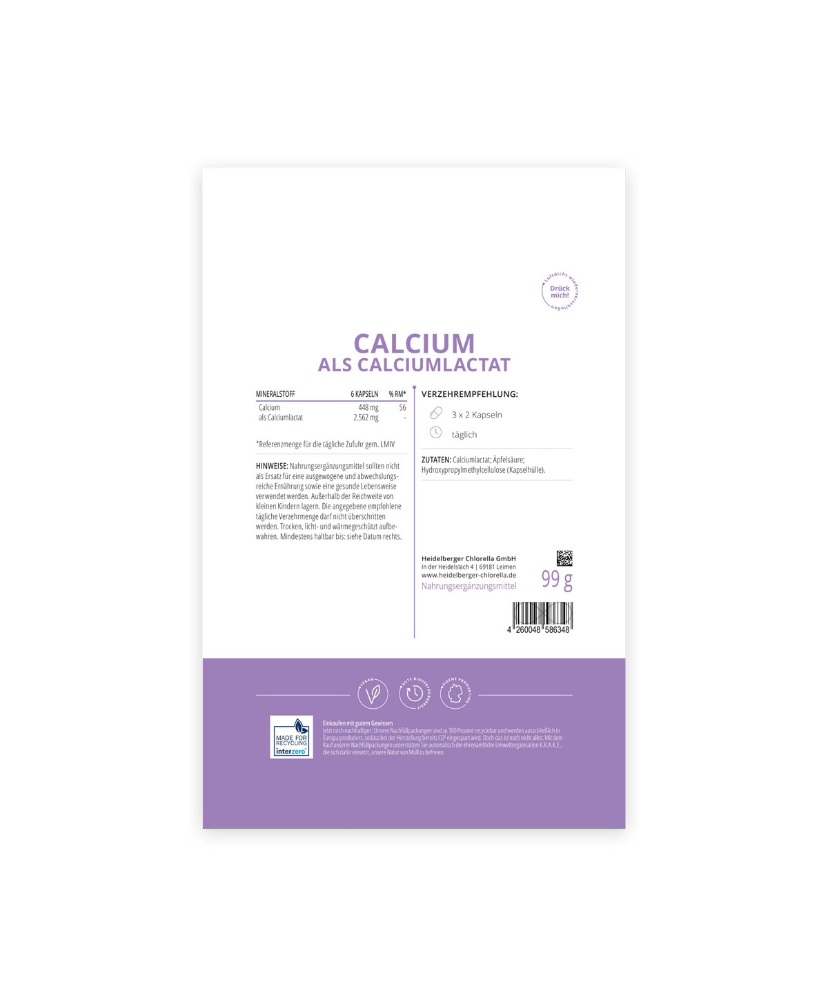 Calcium als Calciumlactat Kapseln -Heidelberger Chlorella GmbH